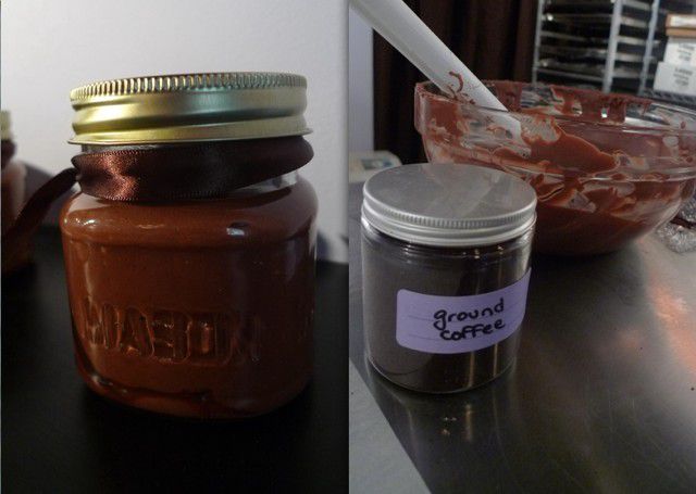 Left: Bespoke chocolate sells a house-made version of Nutella: a chocolate jam with ground hazelnuts. Right: In the production area, coffee is mixed into ganache. 